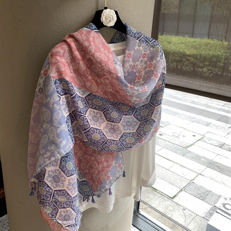 Premium Printed Silk Scarf Women'S Shawl Travel Sunscreen Yarn Ethnic Style Buckle Scarf Cashew Nut Outer Scarf Shawl