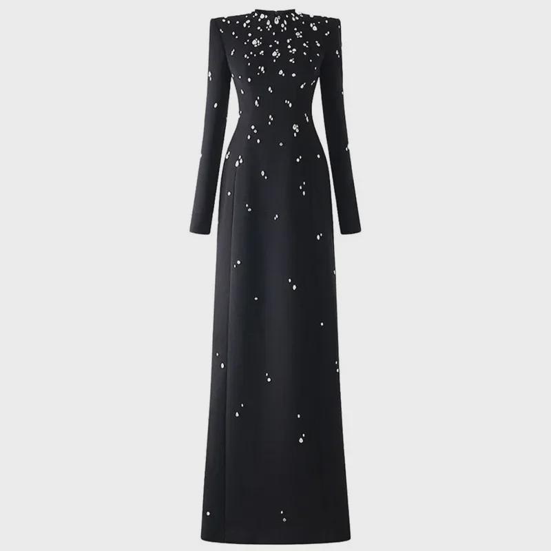 Элегантное платье с длинными рукавами, украшенное крупными бисером и бриллиантами, европейский и американский стиль 2024 г.