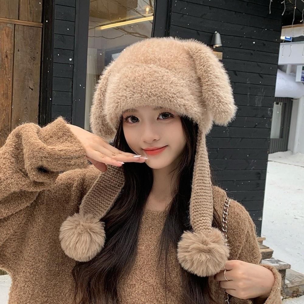 Fluffy Texture Bunny Ear Beanie Warm Lining Plush Slouchy Hat Soft Fuzzy Knit Hat Cold Weather