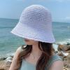 Women Summer Solid Color Woven Straw Bucket Sun Hat Foldable Wide Brim Hollow Breathable Sunscreen Beach Hat