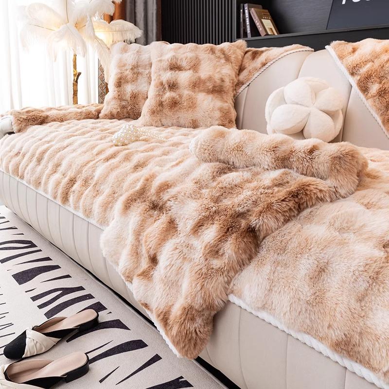 Winter Rabbit Plush Sofa Cushion Thickened Seat Cushion Non-Slip High-End All-Inclusive Leather Sofa Cover Straight Row Sofa Cover