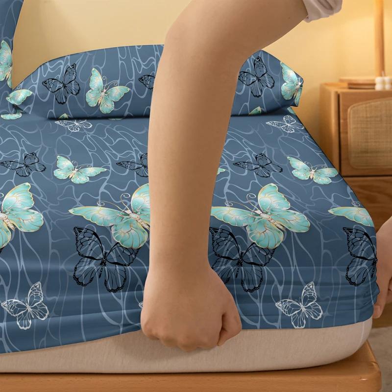 1 Simple Modern Butterfly Printed Matte Fitted Sheet, Bedroom Printed Bed Cover, Bedding (Excluding Pillowcases)