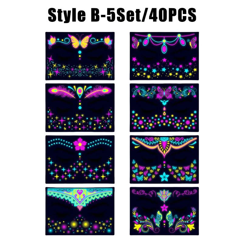 New Glow The Dark Tattoos Stickers Fake Face Temporary Tattoos Makeup UV Neon Floral Body Paint Tattoo Stickers Decorations