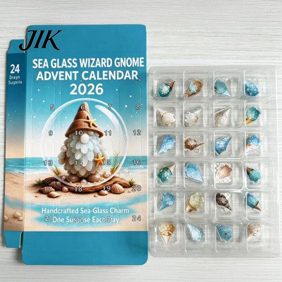 Festival Atmosphere Accessories Coastal Gnome Advent Calendar, 24Pcs Acrylic 2D Sea Glass Ornament Set 24 Days Countdown Surprise with Hanging String,