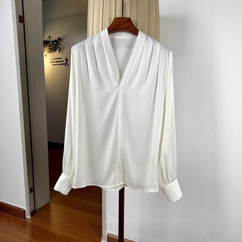 Женская элегантная шелковая рубашка-свитер с V-образным вырезом, длинный рукав, свободный крой, стройнящая, шелк-тусса, идеально подходит для весенне-летнего офиса.