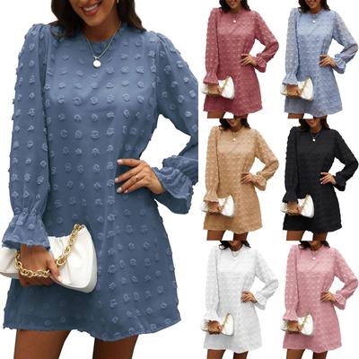 Женское осеннее платье с длинным рукавом в горошек Мини-платья Свободное шифоновое повседневное короткое платье