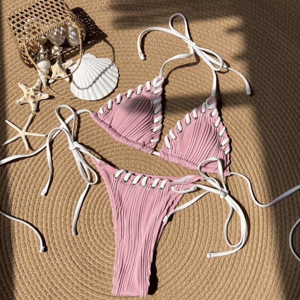 Ruffled Swimwear Set Lace Up Halter Neck Sling Swimsuit Fashion Bikini Suit Swimming Pool