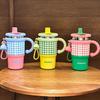 Plaid 600ml Stainless Steel Coffee Cup With Handle And Leakproof Lid For Commuting