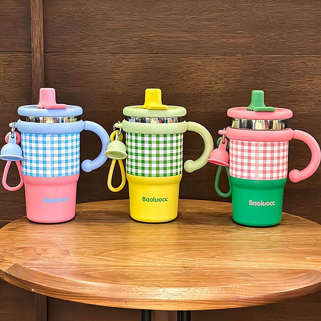 Plaid 600ml Stainless Steel Coffee Cup With Handle And Leakproof Lid For Commuting