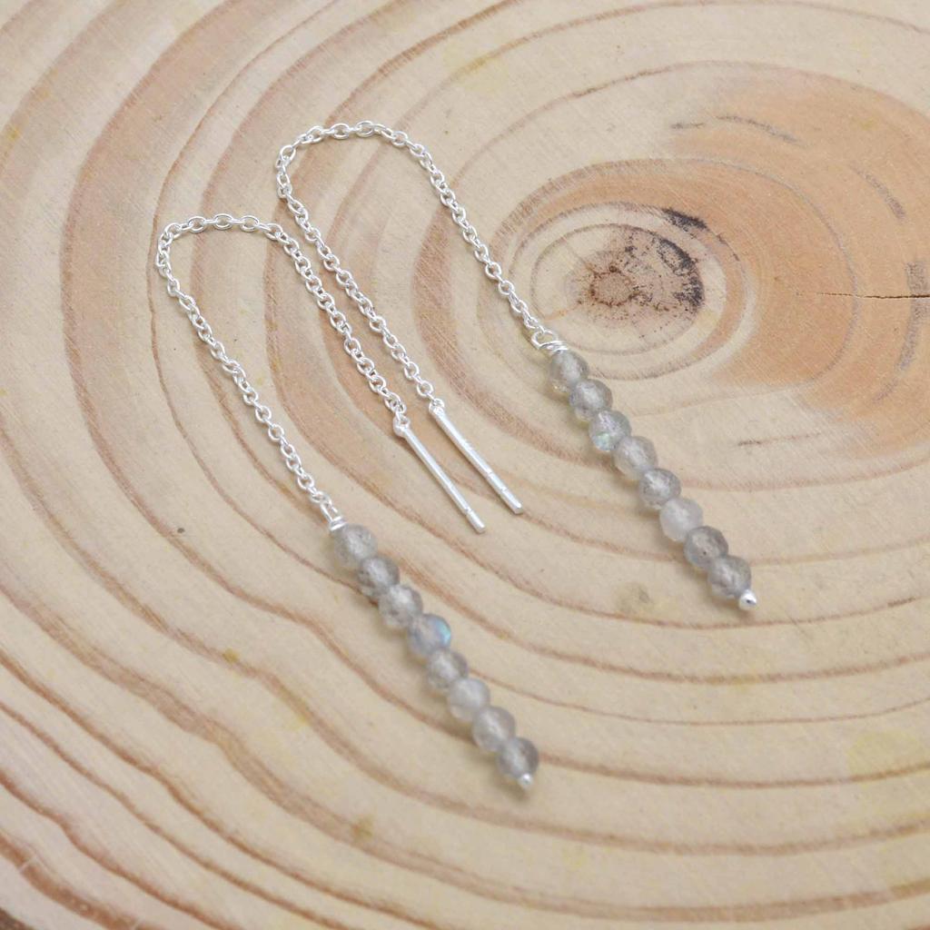 Labradorite 925 Silver Threader Earrings, Natural Gemstone Women Handmade Fringe Earrings