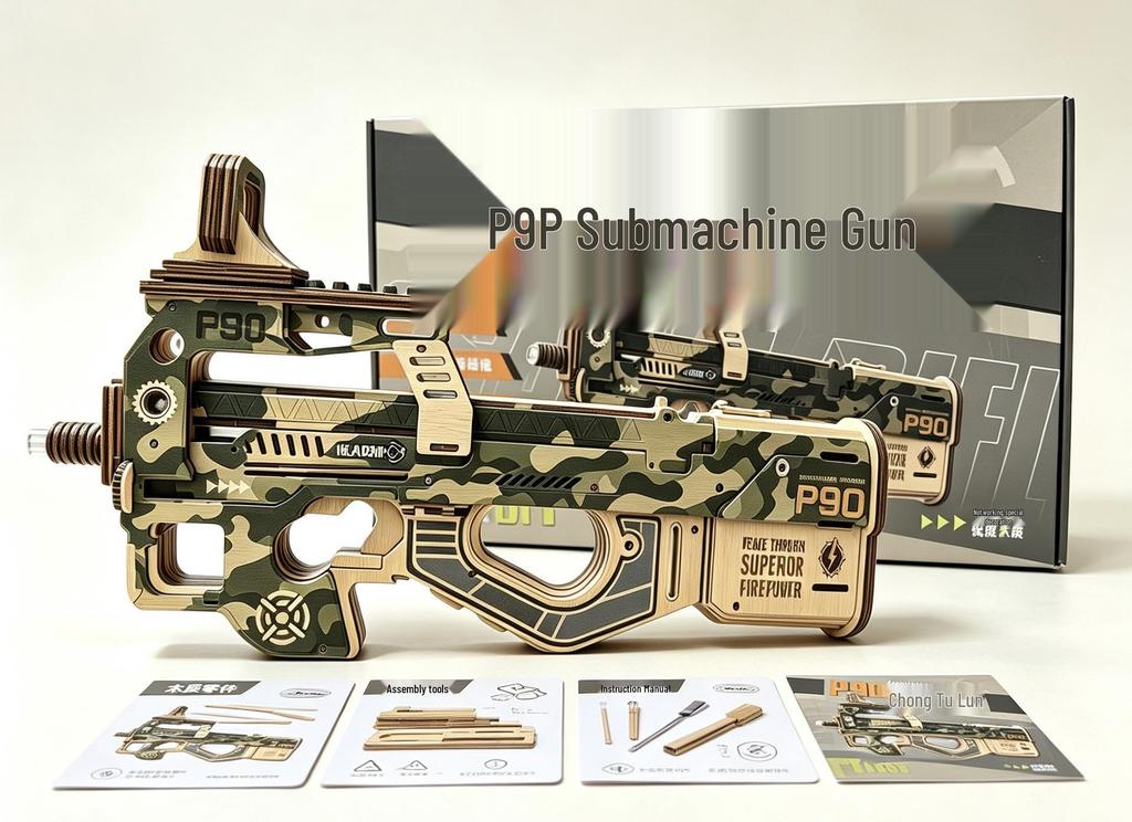 P90 DIY Rubber Band Wooden Toy Gun Model - Educational Science Puzzle for Boys