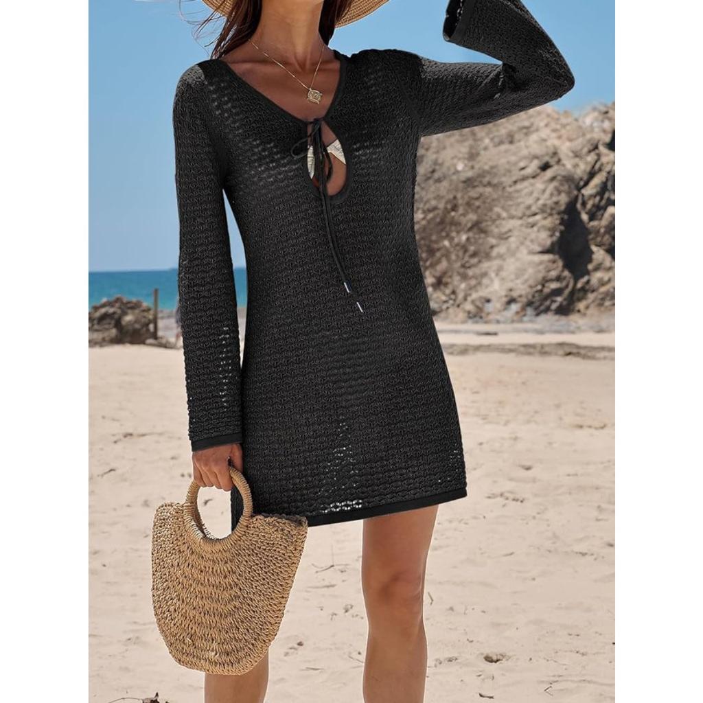 Women's V Neck Long Sleeve Crochet Mini Dress Bodycon Casual Beach Swimwear Cover Up