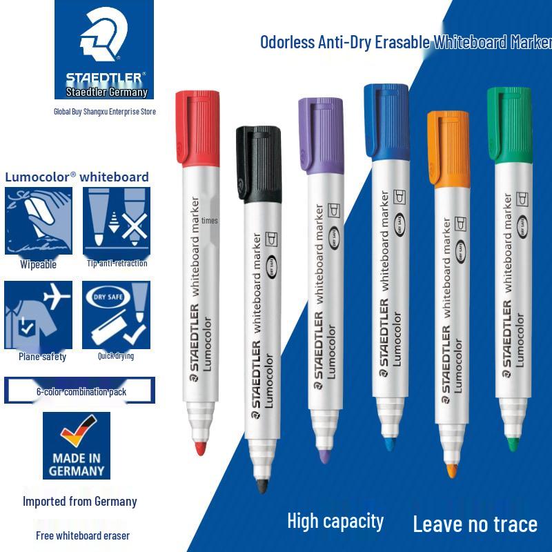 Staedtler Erasable Nontoxic Bold Tip Color Markers – Red, Blue, Black, Orange, Green, Purple (for Kids, Whiteboard Use)