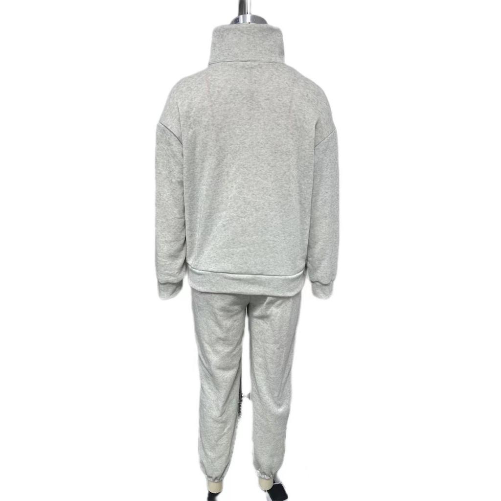 Женский однотонный длинный рукав воротник-стойка толстовка костюм осень зима свободный топ широкие брюки