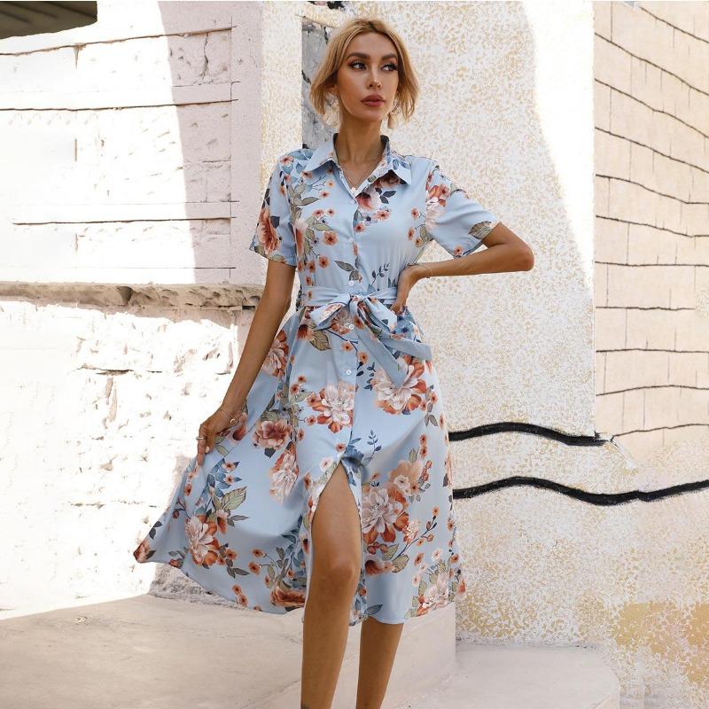 Женское летнее платье с короткими рукавами и высокой талией в этническом стиле на шнуровке