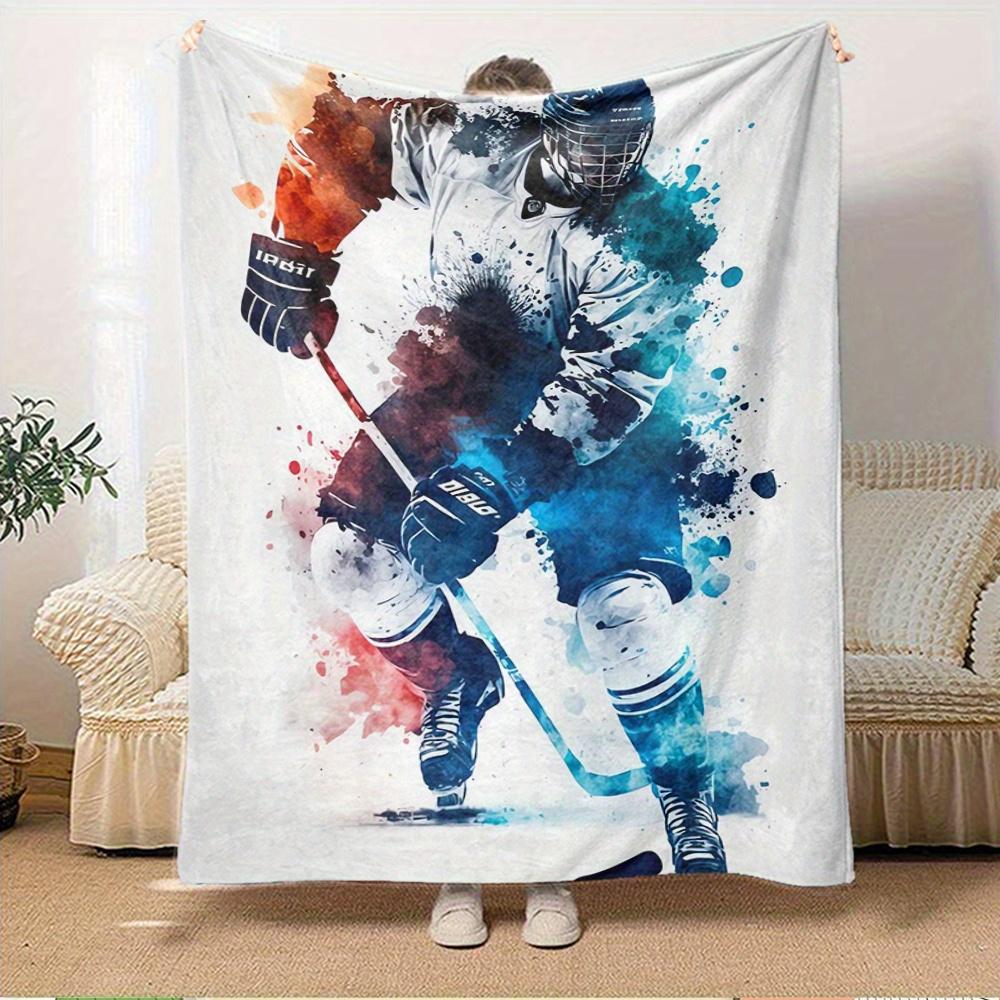 For Hockey Player,Action Pose,Watercolor Effect-Themed Flannel Blanket, Glam Style, Digital Print, All-Season Comfort, Tear-Resistant, Knitt