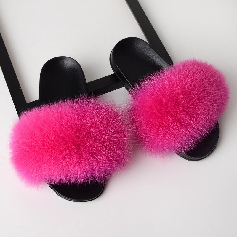 Furry Slippers for Women The Same Style In Summer Real Fox Fur Slippers Plus Size Female Sandals