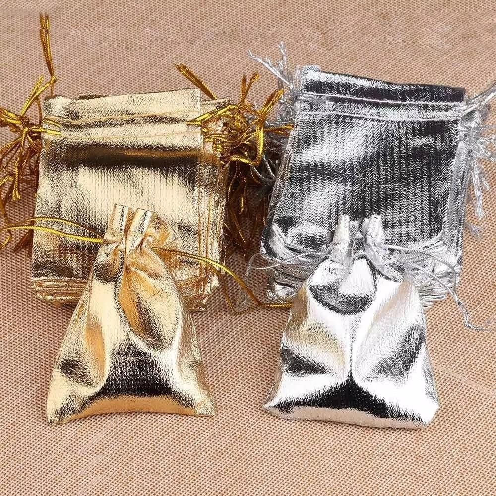 20PCS Gold Silver Color Drawstring Pouches 7x9cm 9x12cm 10x15cm Candy Packing Bags Wedding Gift