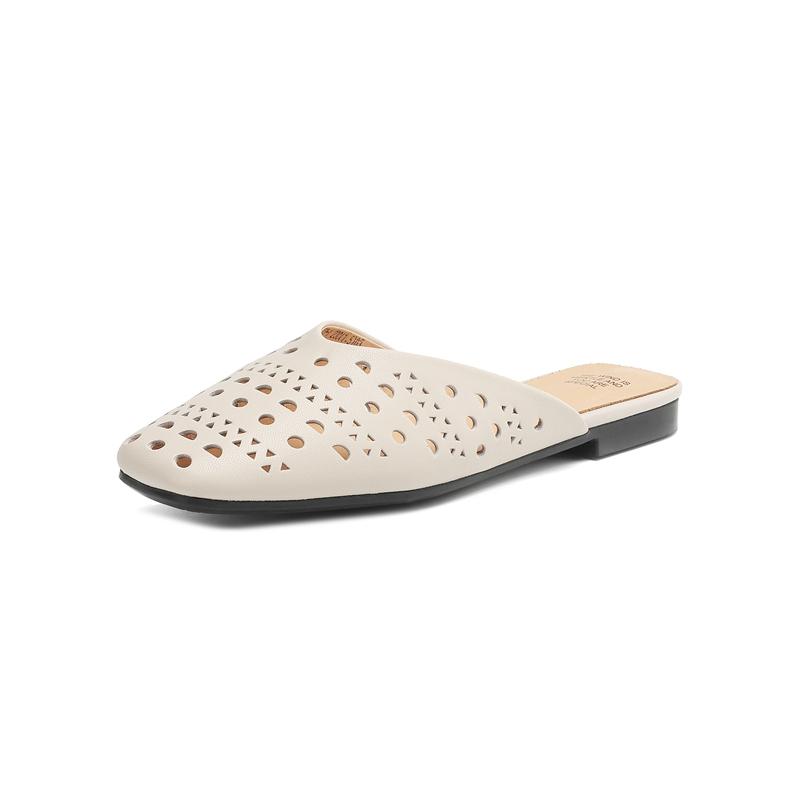 Fashion New Women's Genuine Leather Cowhide Hollow Breathable Square Toe Low Heel Toe Mueller Slippers with Holes In Summer