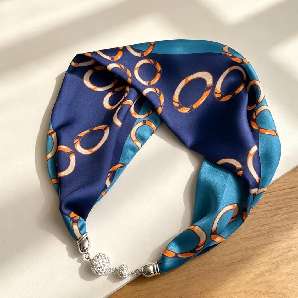 New retro pearl magnetic buckle small silk scarf women's high-end satin printed scarf summer versatile small scarf