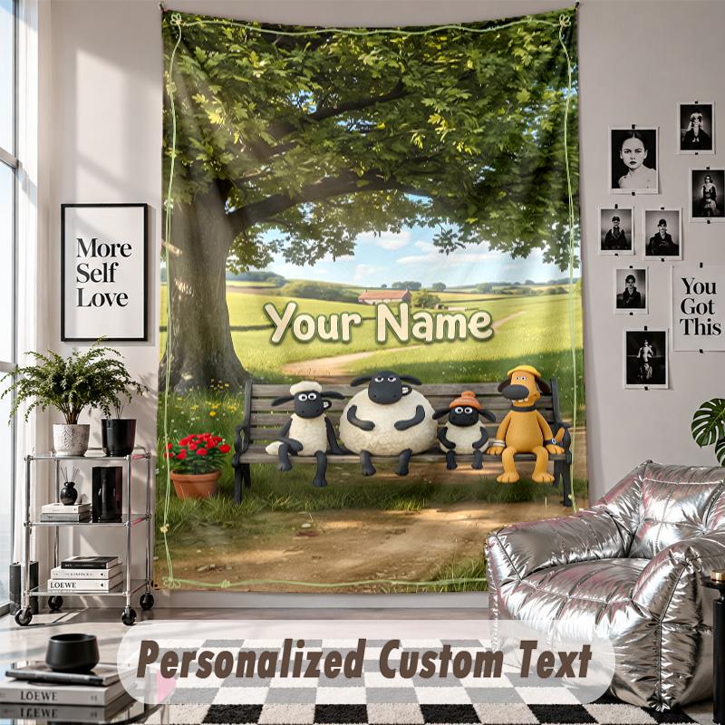 Wall Hanging Tapestry With Custom Name & Text, Shaun the Sheep Decorative Tapestry For Bedroom