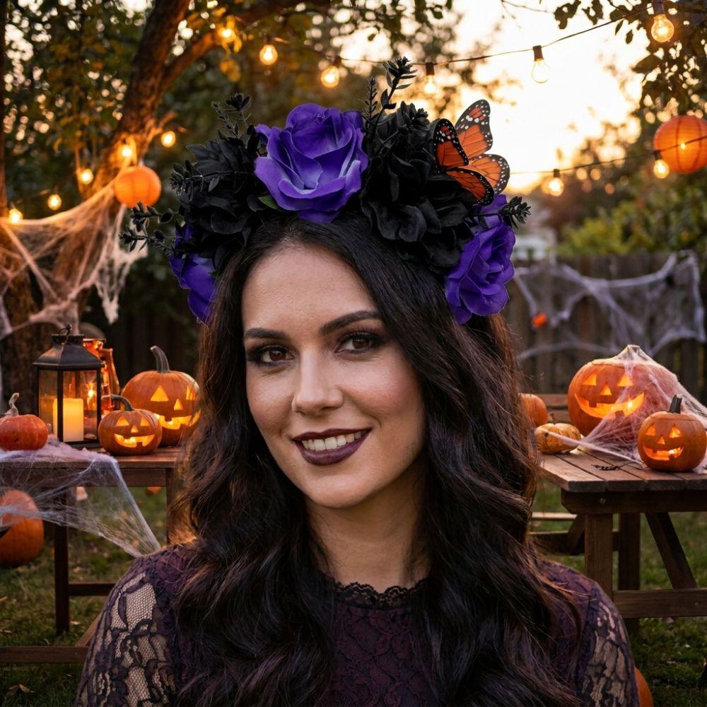 Realistic Halloween Rose Flower Crown with Butterfly Costume Floral Head Wear Music Festival