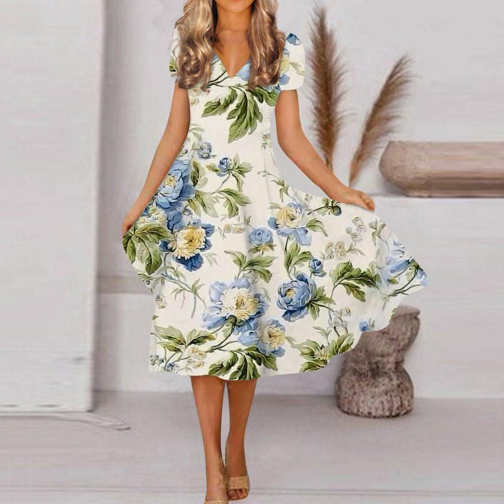 Women's Spring And Summer Fashion V Neck Short Sleeve Flower Printed Loose Hem Dress