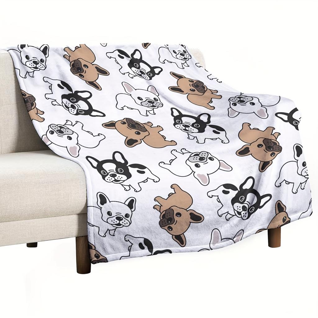 Cartoon French Bulldog Pattern Warm Blanket - Soft and Cozy Nap Blanket for Kids and Adults, Exquisite and Cute Home Essential
