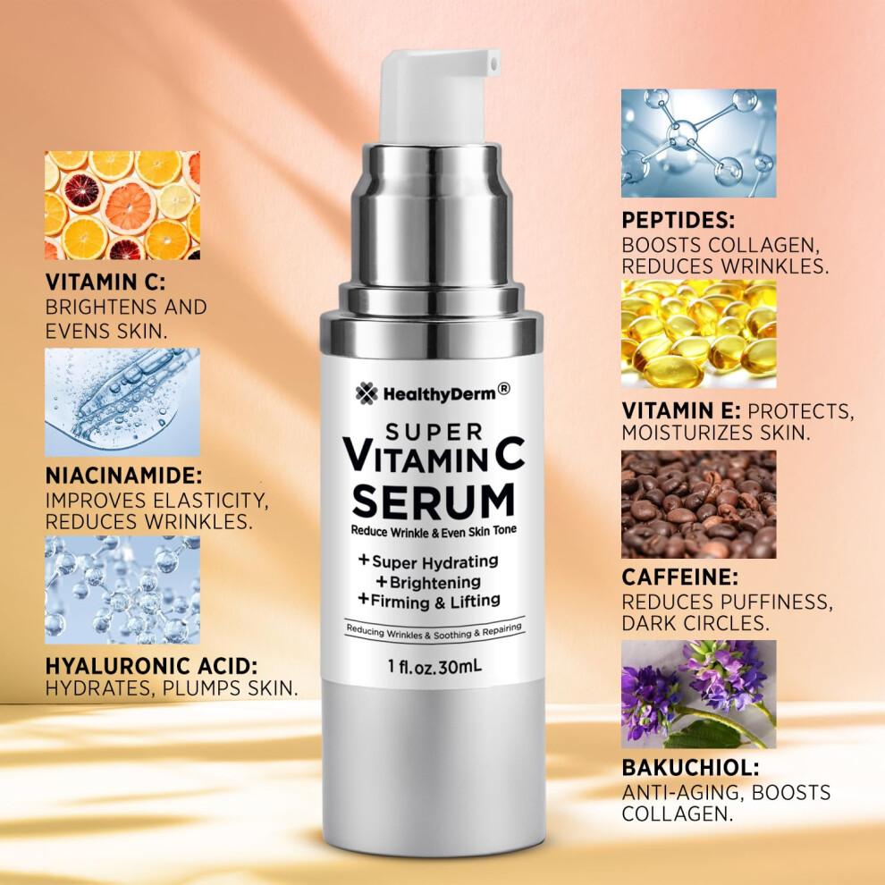 Super-Vitamin-C-Serum fr Frauen ber 70: Vitamin C, Hyaluronsure, Vitamin E, Koffein, feuchtigkeitsspendendes Lifting, Reduzierung von Gesichts