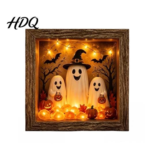 Готический Shadow Box Ночник DIY Светящийся Хэллоуин Призрак Комплект Деревянная Рамка Светодиодный Теплый Свет Хрустальное Стекло Витрина Память с Панелью Декоративный