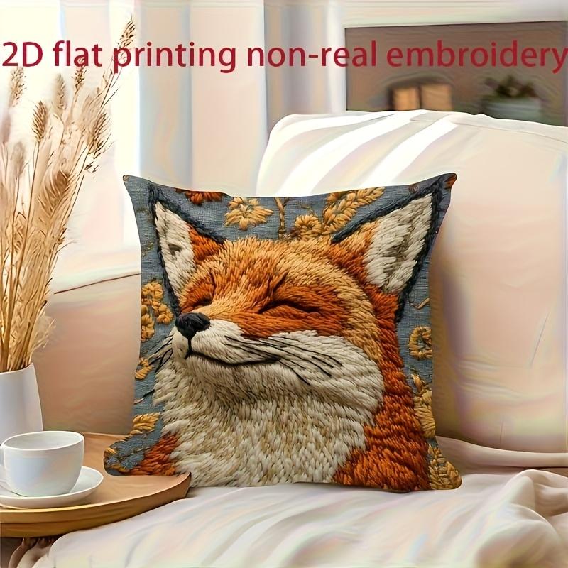Smiling Fox Pillow Cover 2D Faux Embroidery Print Cute Woodland Animal Floral Cushion Case For Sofa Bed Couch Cozy Home Decor