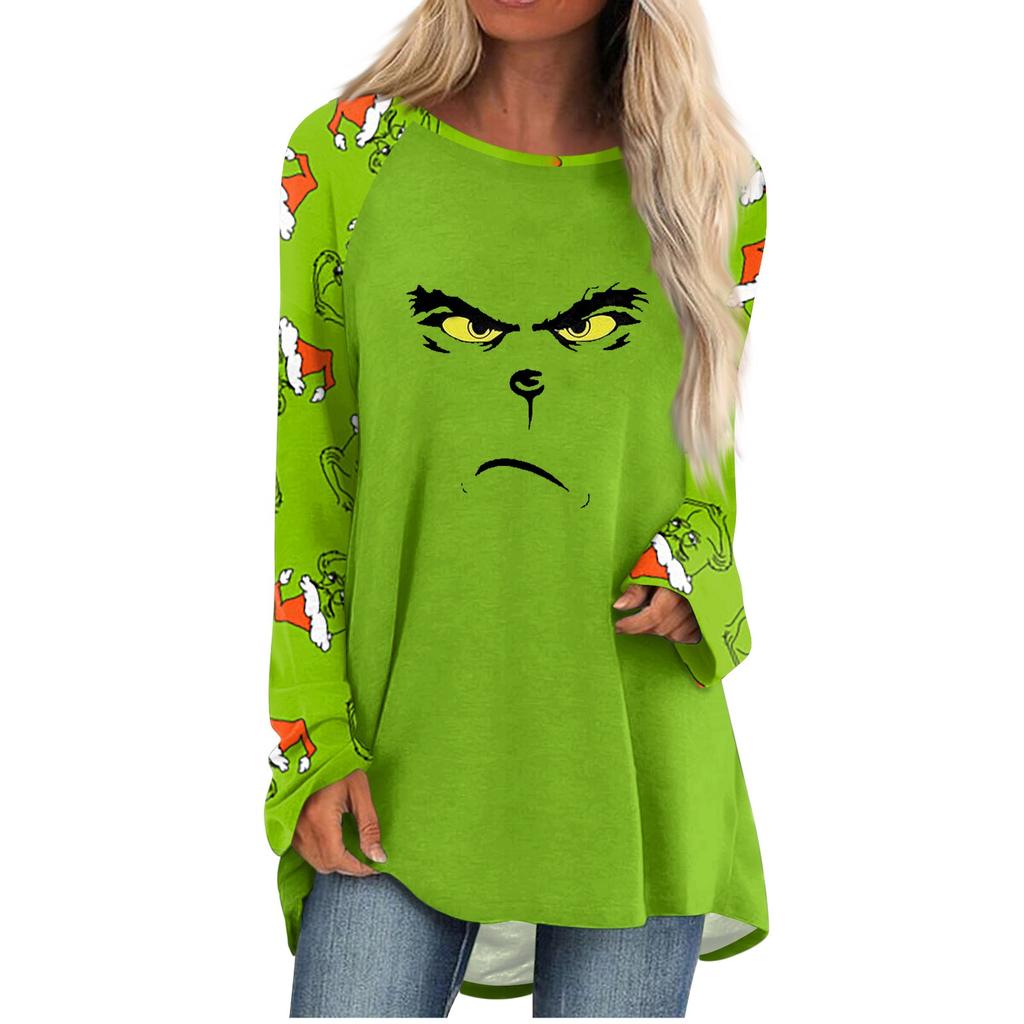 Женская мода, повседневная блузка с длинным рукавом и рождественским принтом, пуловер с круглым вырезом