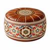 Embroidered Pattern Fillable Ottoman Pouf PU Leather Round Pouf Cover Floor Seat Cushion  Home Use