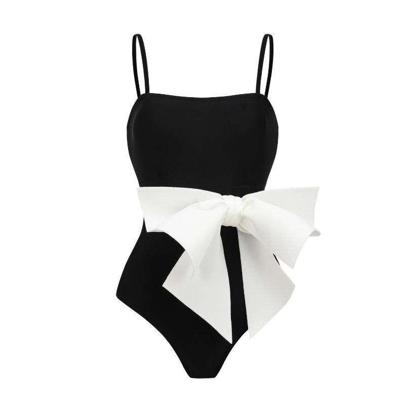 1011 one-piece swimsuit bow decoration sweet sister black and white contrasting swimsuit women 1111