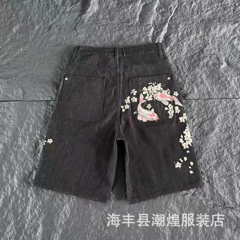 Mens Streetwear Loose Fit Denim Pants With Plum Blossom Embroidery Casual Straight Leg Jeans