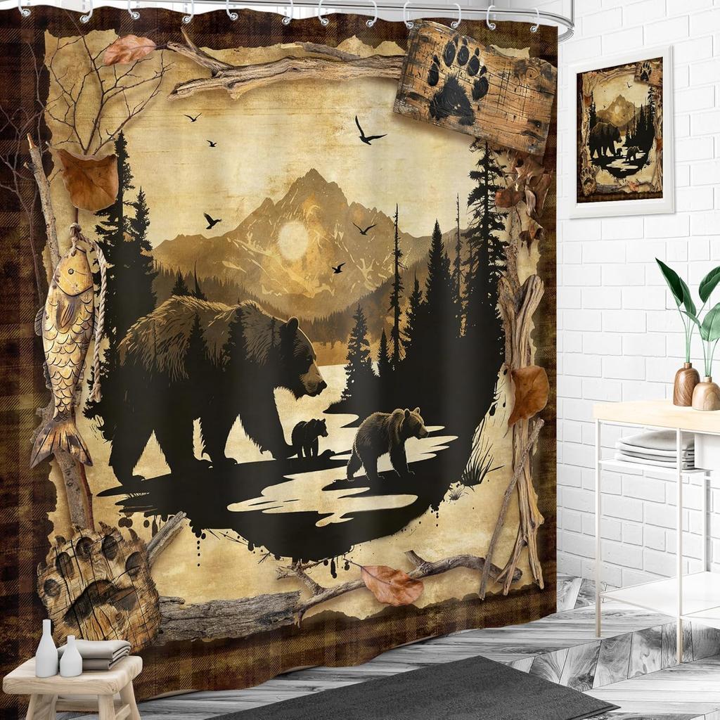 Деревенская шторка для душа «Медвежья хижина», дизайн «Западный лодж, горное животное», водонепроницаемый полиэстер с крючками