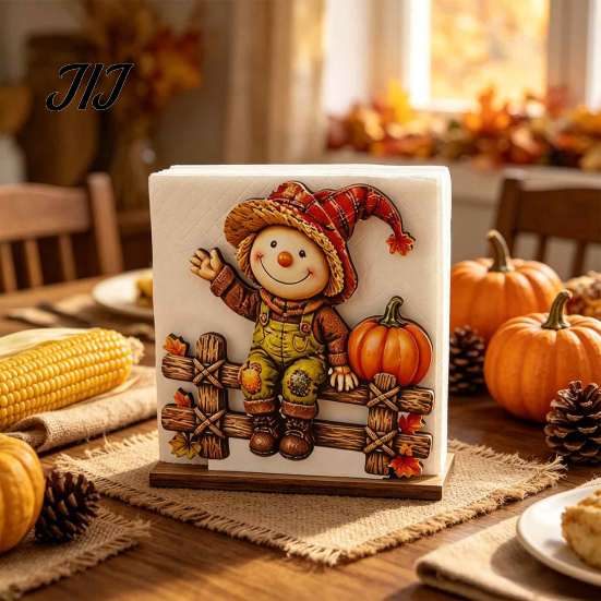 Thanksgiving Dinner Table Accessories Fall Scarecrow Wooden Napkin Holder, Harvest Pumpkin Decorative Stand for Kitchen Dispenser, Farmhouse Tabletop