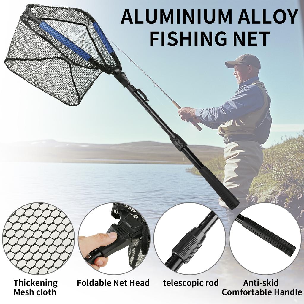 Folding Landing Net with Blue Foam Foldable Extendable Lightweight Handle Fishing Hand Net for Freshwater Saltwater Trout Bass