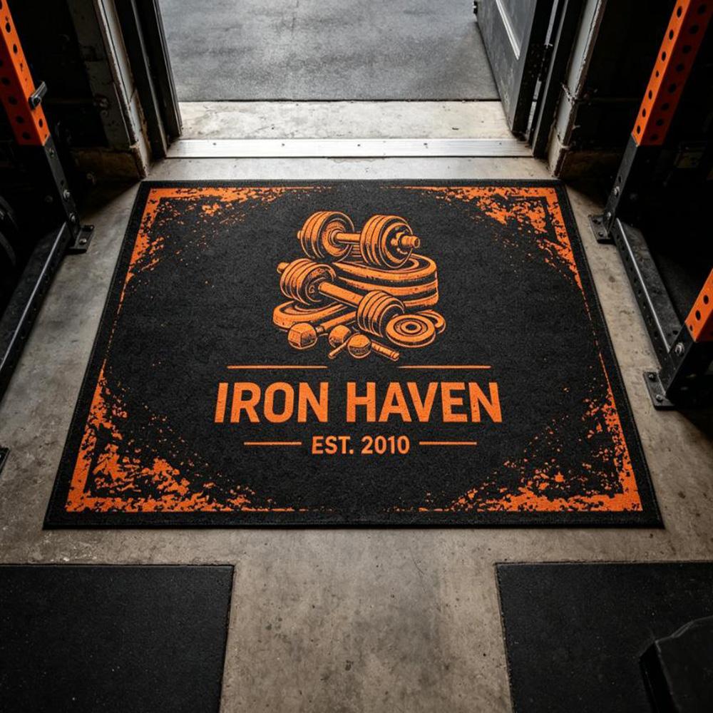Rug gym custom logo print waterproof stain proof floor mat durable fitness club entry rug for sports commercial decor