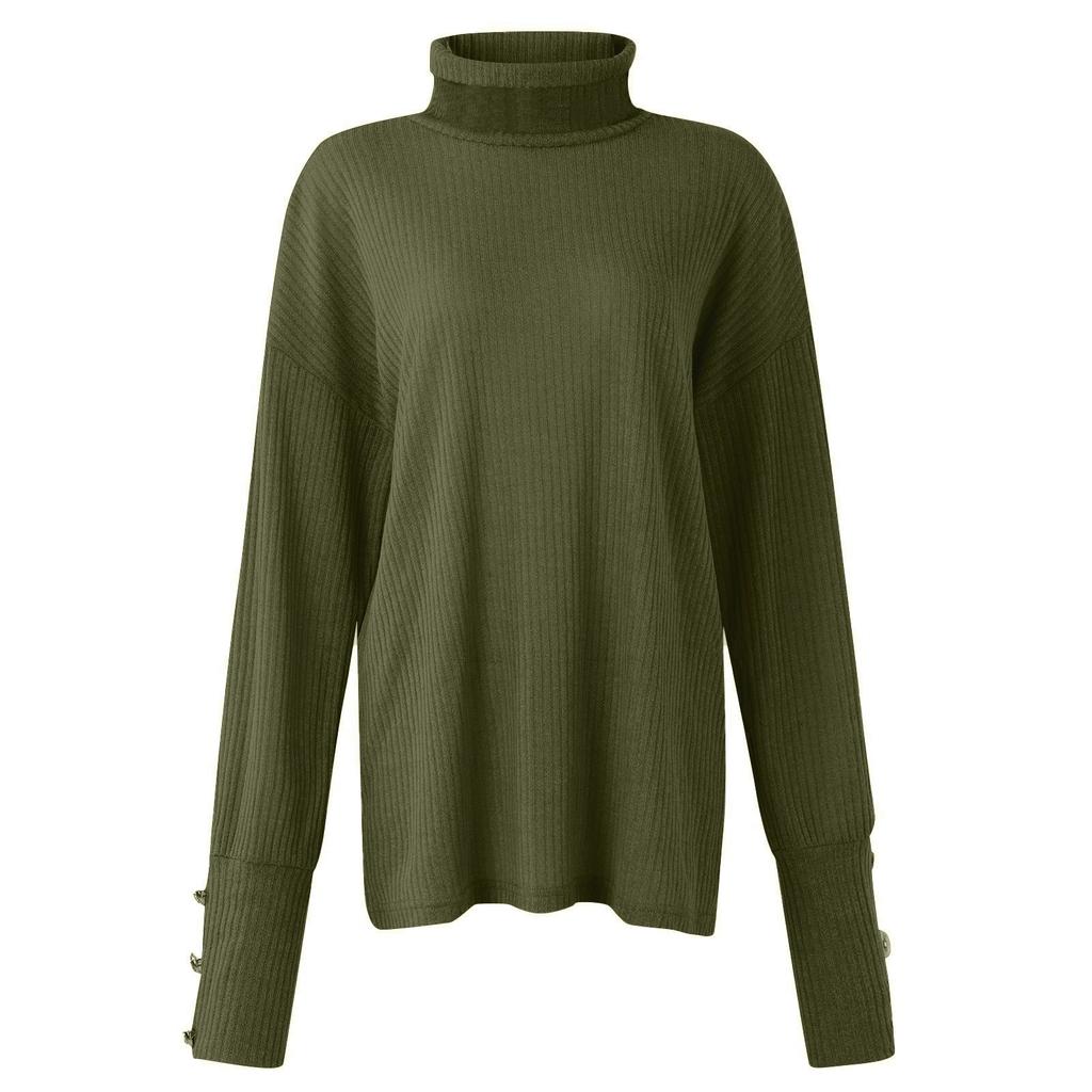Women's Turtleneck Top Loose Pullover Button Up Long Sleeve Solid Color Knit Bottoming Shirt