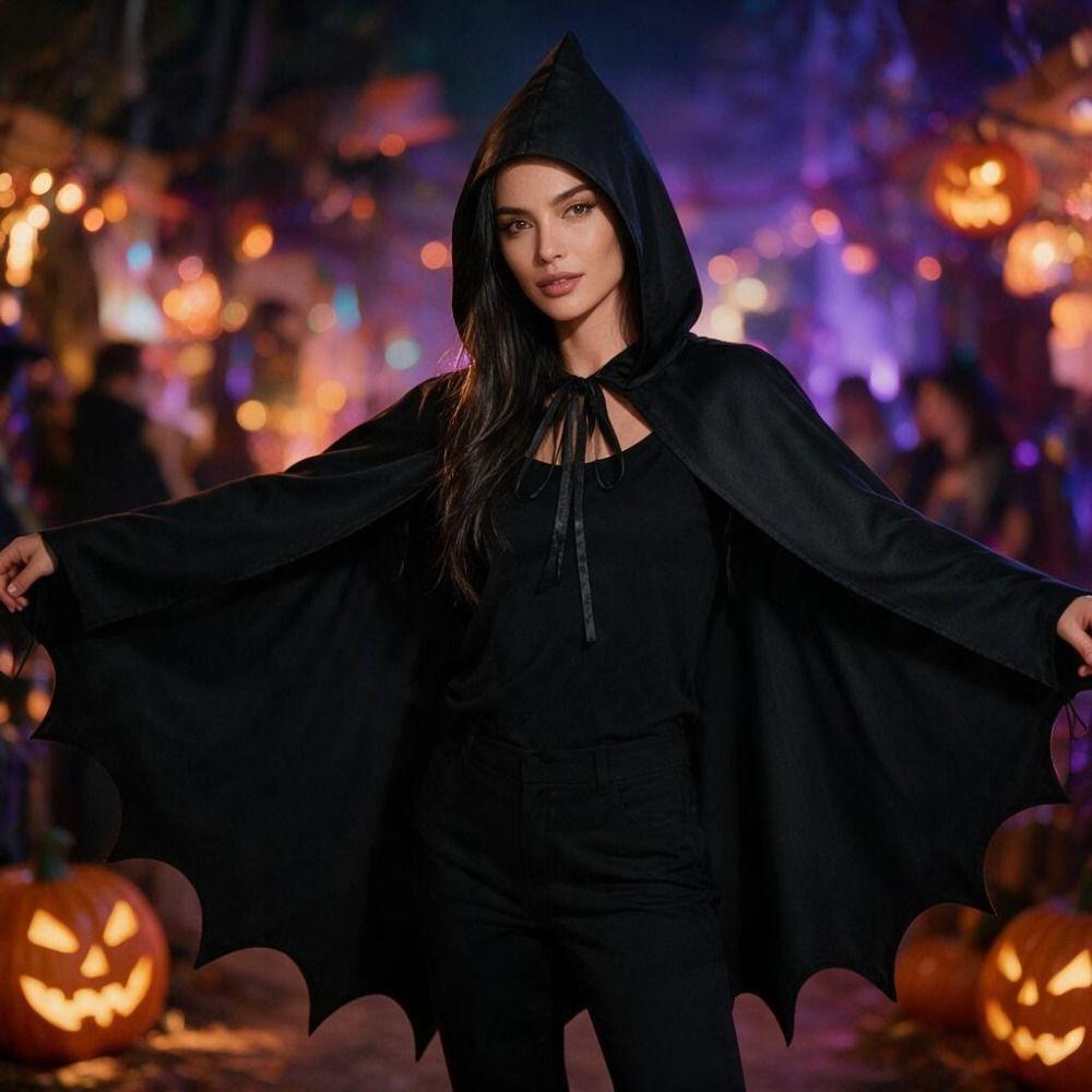 Black/Red Halloween Bat Hooded Cloak with A Finger Loop Cosplay Costume Stage