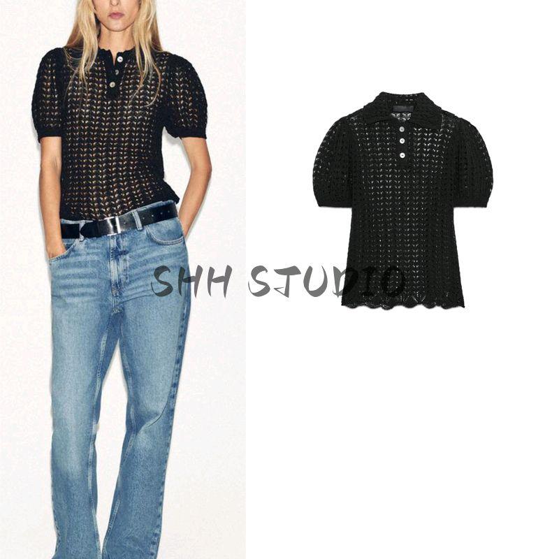 Autumn New Women's Clothing Minimalist Wave Bottom Cut Out Knitting Polo Shirt Collar Short Sleeve Tops 6236105