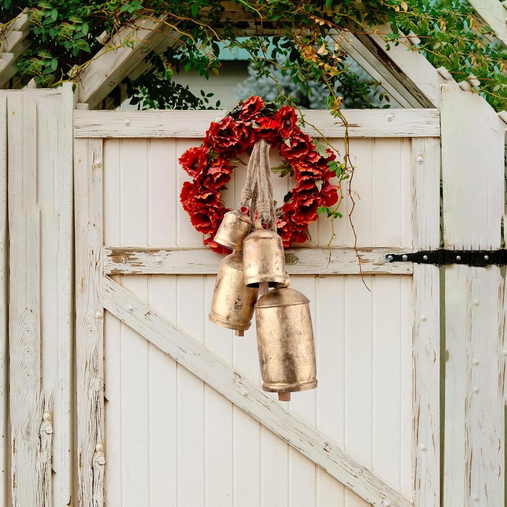 4 Large Rustic Iron Cowbells 4",6",8",10", Handmade Distressed Gold Finish for Farmhouse Christmas Door Decor and Boho Wind Chimes