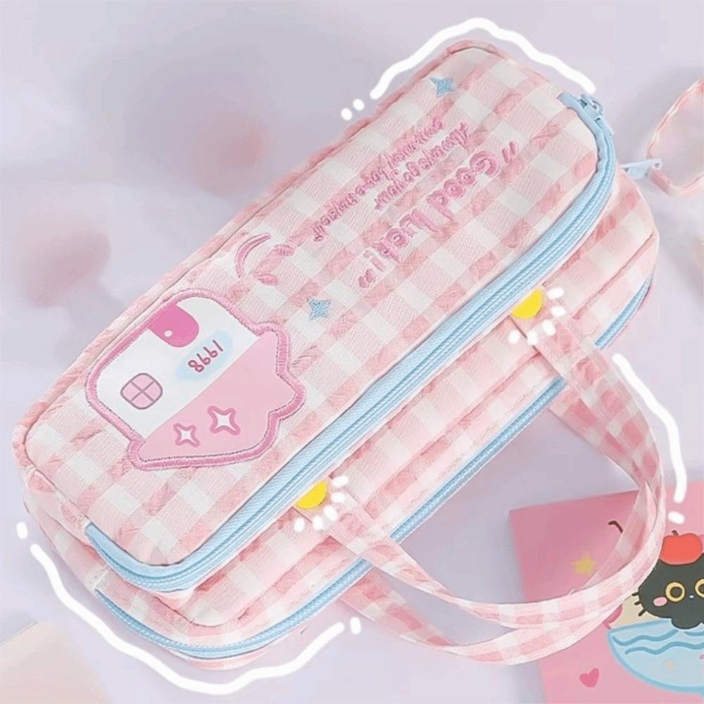 Double Layer Stationery Box Plaid Pen Bag Dopamine Pencil Case Students