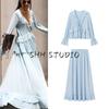 Summer New Product Women's Clothes Laminated Decoration V Neck Long Sleeves Ruffle Top + Long Midi Skirt Skirt Suit