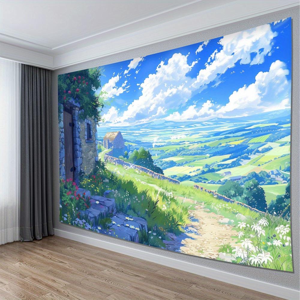 Countryside Cottage Landscape Tapestry 2D Digital Print Polyester Wall Hanging Living Room Bedroom Office Decor with Hooks