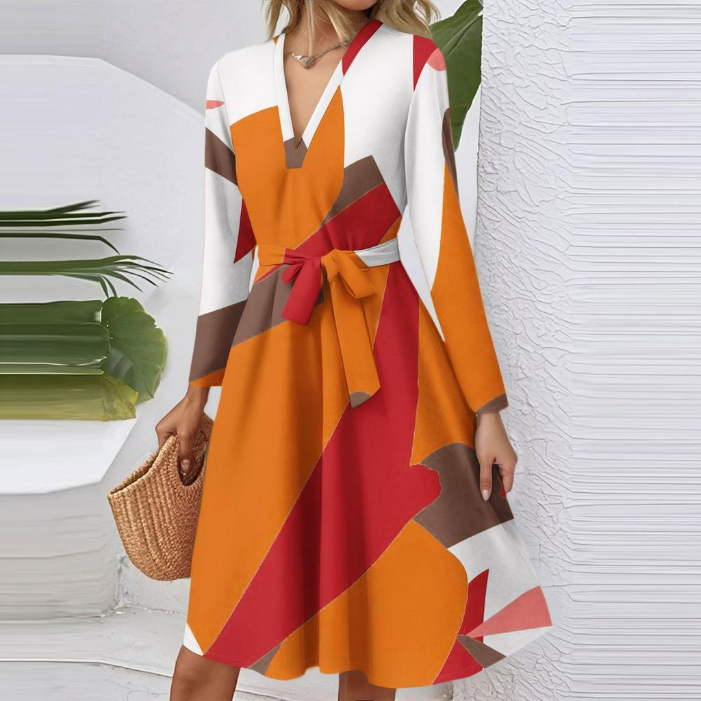 Women's Fashion Casual V-Neck Long Sleeve Waist Floral Print Midi Dress