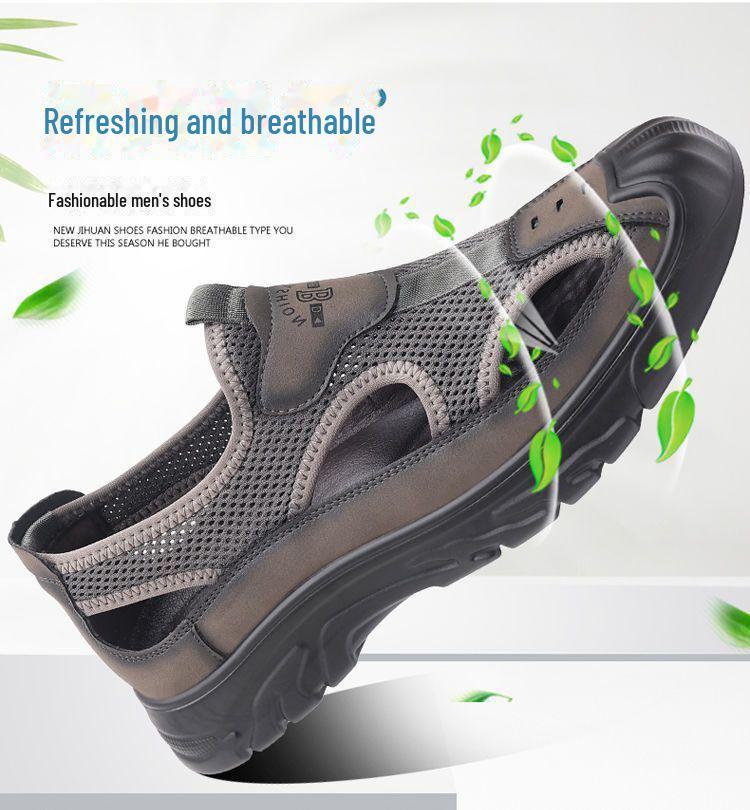 Мужские летние сандалии из натуральной кожи 2024 года с дышащей отделкой: Обувь Mesh для вождения, отдыха на природе, вброд и на пляже