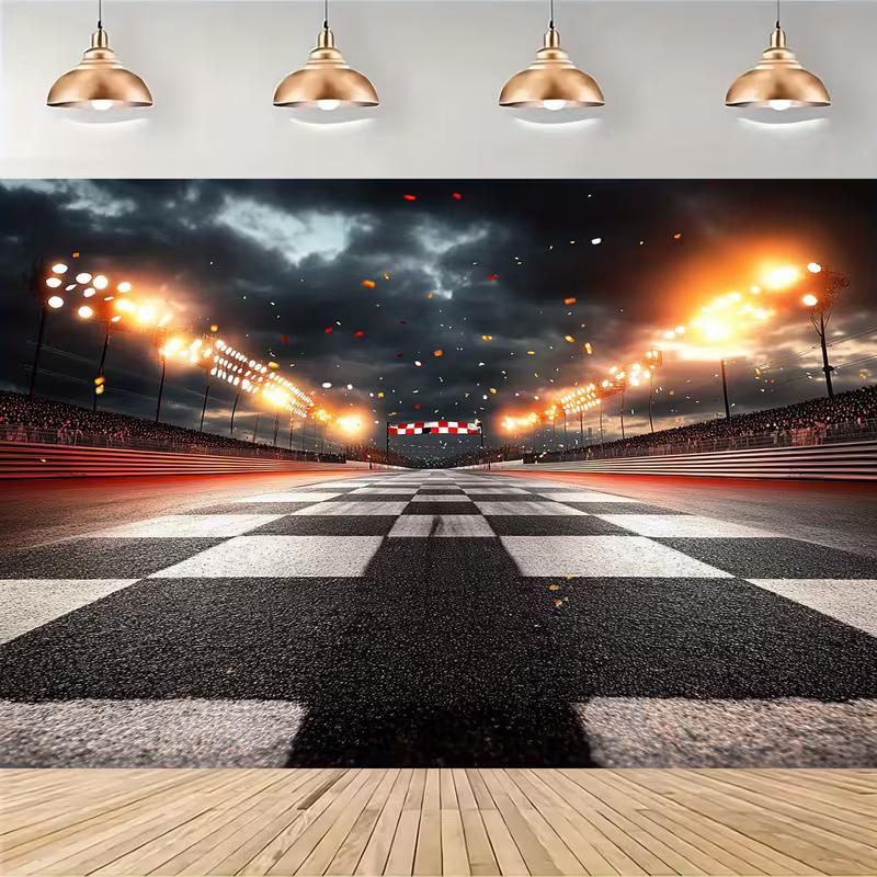 2D Motorsport Finish Line Backdrop, Night Race Track Party Photography Background