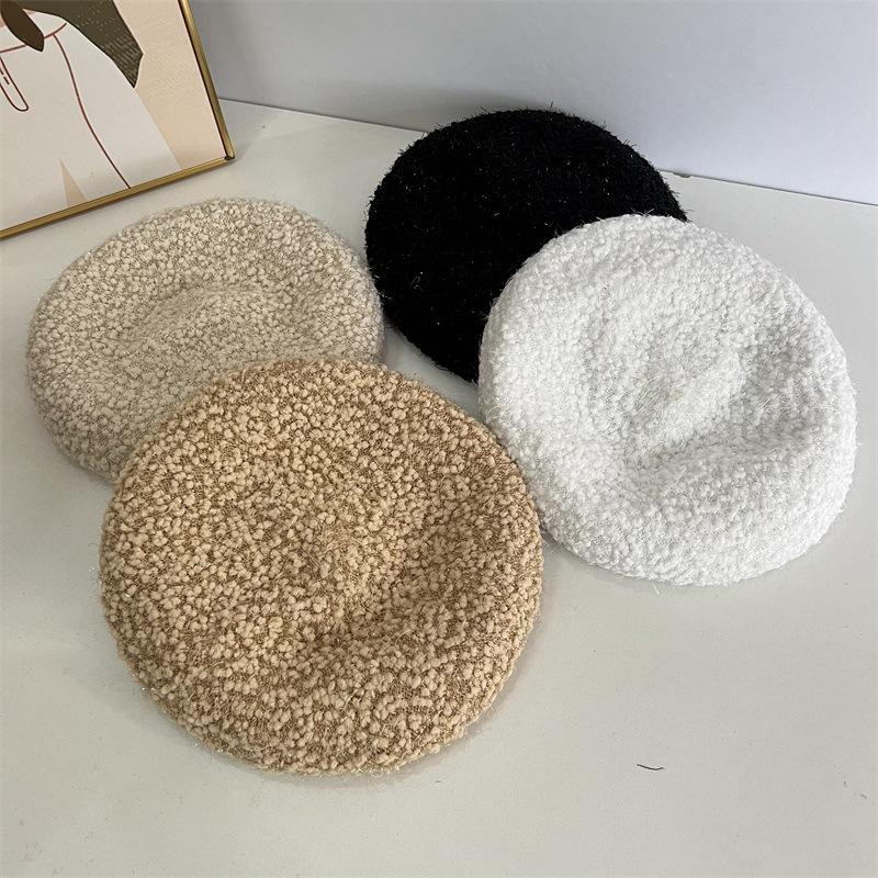 Trendy Shiny Peacock Yarn Beret Female British Retro Bud Hat Versatile Face Small Knitted Painter Hat